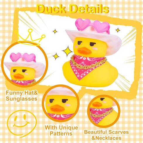 Car Rubber Duck, Yellow Duck Car Dashboard Decorations with Mini Cowboy Hat Musical Instrument Sunglasses Necklace(Sparkling Silver) in Kuwait