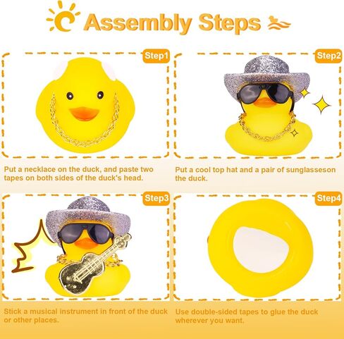 Car Rubber Duck, Yellow Duck Car Dashboard Decorations with Mini Cowboy Hat Musical Instrument Sunglasses Necklace(Sparkling Silver) in Kuwait