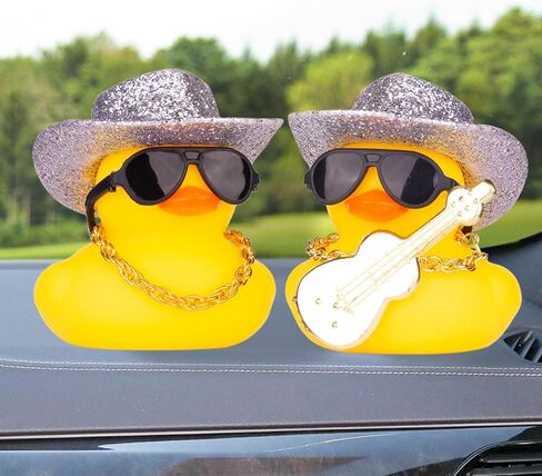 Car Rubber Duck, Yellow Duck Car Dashboard Decorations with Mini Cowboy Hat Musical Instrument Sunglasses Necklace(Sparkling Silver) in Kuwait