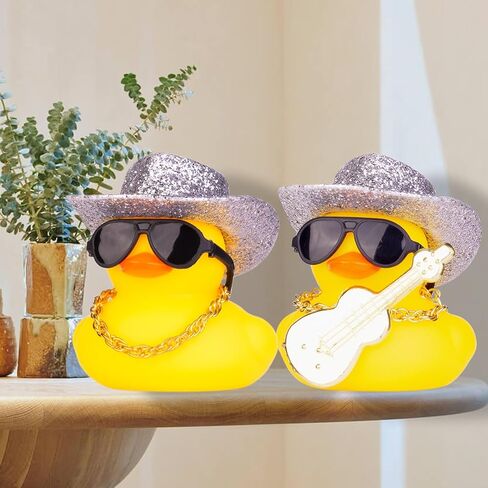Car Rubber Duck, Yellow Duck Car Dashboard Decorations with Mini Cowboy Hat Musical Instrument Sunglasses Necklace(Sparkling Silver) in Kuwait