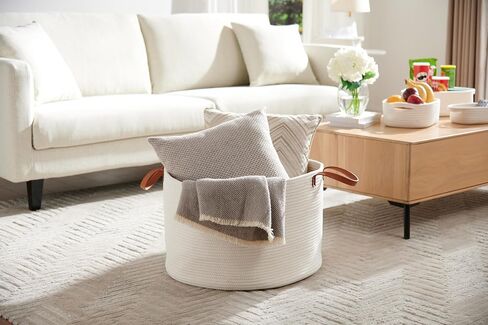 Extra Large Nursery Storage Basket, 22 x 22 x 14 inches - 100% Cotton Rope Baskets with Handles, Laundry Basket for Toys, Blankets & Pillows - Off White with Leather Handles in Saudi Arabia
