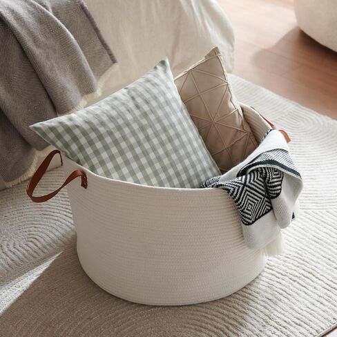 Extra Large Nursery Storage Basket, 22 x 22 x 14 inches - 100% Cotton Rope Baskets with Handles, Laundry Basket for Toys, Blankets & Pillows - Off White with Leather Handles in Saudi Arabia