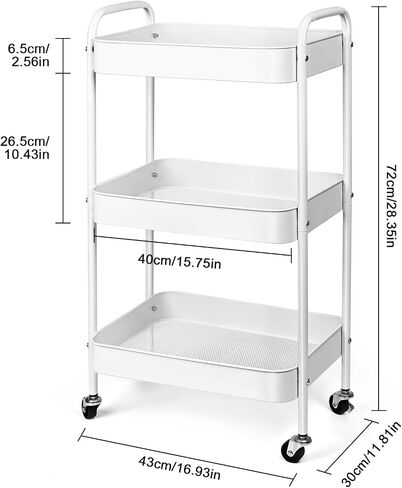 3 Tier Metal Utility Rolling Cart with Lockable Wheels, Multi-Functional Storage Cart for Kitchen, Bathroom and Office, Organizer for Art Supplies, Trolley for Dorm, (White) in Saudi Arabia