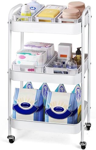 3 Tier Metal Utility Rolling Cart with Lockable Wheels, Multi-Functional Storage Cart for Kitchen, Bathroom and Office, Organizer for Art Supplies, Trolley for Dorm, (White) in Saudi Arabia