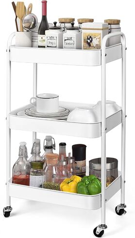 3 Tier Metal Utility Rolling Cart with Lockable Wheels, Multi-Functional Storage Cart for Kitchen, Bathroom and Office, Organizer for Art Supplies, Trolley for Dorm, (White) in Saudi Arabia