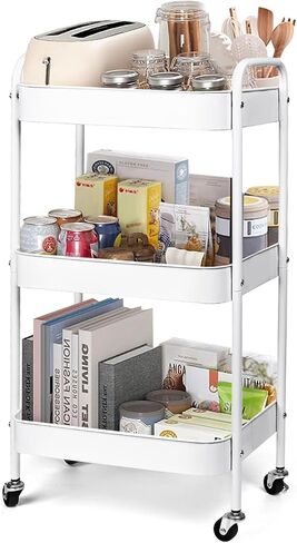 3 Tier Metal Utility Rolling Cart with Lockable Wheels, Multi-Functional Storage Cart for Kitchen, Bathroom and Office, Organizer for Art Supplies, Trolley for Dorm, (White) in Saudi Arabia