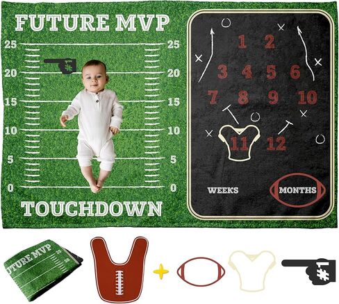 Pavo Premium Football Milestone Blanket for Baby Boys - Includes 3 Exclusive Frames - Personalized Monthly Baby Milestone Blanket for Newborn Ultra-Soft and Cozy 60"x40" Keepsake in Kuwait