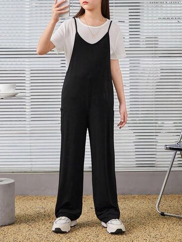 Girl's V Neck Sleeveless Cami Jumpsuit Summer Loose Casual Long Rompers in Saudi Arabia