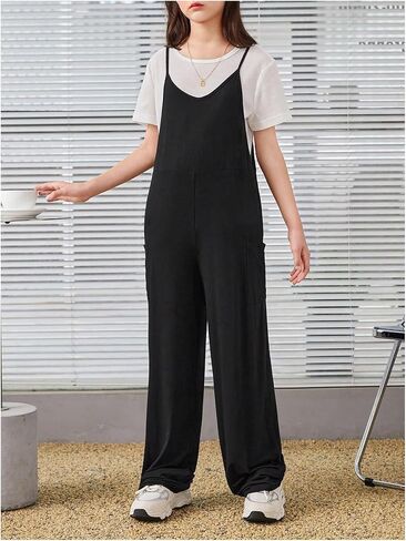 Girl's V Neck Sleeveless Cami Jumpsuit Summer Loose Casual Long Rompers in Saudi Arabia