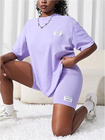 GORGLITTER Girl's 2 Piece Short Outfits Letter Patched Half Sleeve T-shirt and Biker Shorts Casual Clothing Set in Saudi Arabia