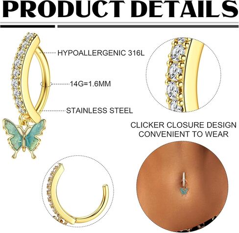 FIASASO 14K Gold Filled Belly Button Ring Hypoallergenic Surgical Stainless Steel Clicker Belly Rings Hoop CZ Butterfly Heart Teardrop Flower Reverse Belly Button Rings Belly Piercings Jewelry for Women 14G Navel Ring in Kuwait