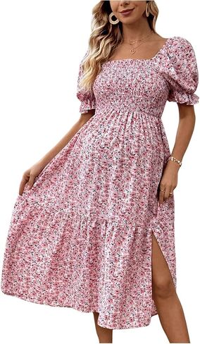 MakeMeChic Women's Maternity Dress Ditsy Floral Print Shirred Square Neck Puff Sleeve Slit Hem Pregnancy Midi Dress in Saudi Arabia
