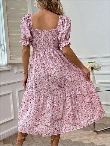 MakeMeChic Women's Maternity Dress Ditsy Floral Print Shirred Square Neck Puff Sleeve Slit Hem Pregnancy Midi Dress in Saudi Arabia