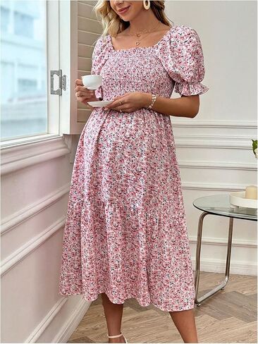 MakeMeChic Women's Maternity Dress Ditsy Floral Print Shirred Square Neck Puff Sleeve Slit Hem Pregnancy Midi Dress in Saudi Arabia