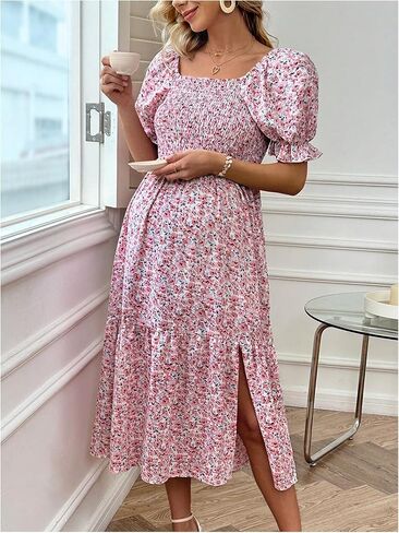 MakeMeChic Women's Maternity Dress Ditsy Floral Print Shirred Square Neck Puff Sleeve Slit Hem Pregnancy Midi Dress in Saudi Arabia