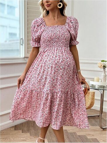 MakeMeChic Women's Maternity Dress Ditsy Floral Print Shirred Square Neck Puff Sleeve Slit Hem Pregnancy Midi Dress in Saudi Arabia
