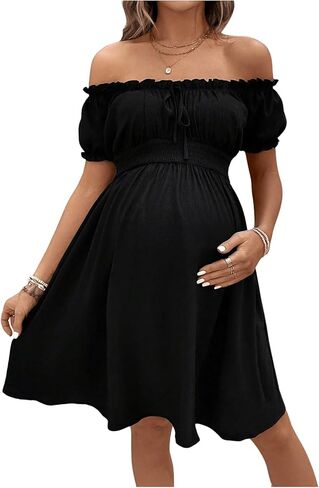 MakeMeChic Women's Maternity Dress Off Shoulder High Waist Shirred Frill Trim Short Sleeve Summer Pregnancy Mini Dress in Saudi Arabia