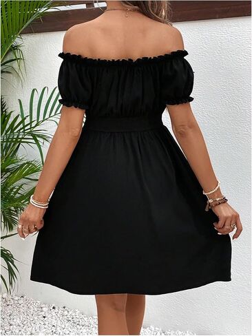 MakeMeChic Women's Maternity Dress Off Shoulder High Waist Shirred Frill Trim Short Sleeve Summer Pregnancy Mini Dress in Saudi Arabia