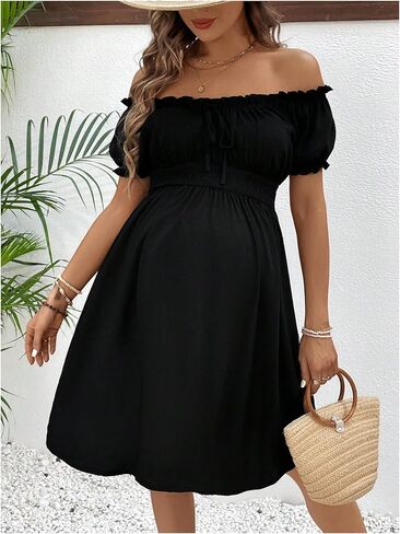 MakeMeChic Women's Maternity Dress Off Shoulder High Waist Shirred Frill Trim Short Sleeve Summer Pregnancy Mini Dress in Saudi Arabia