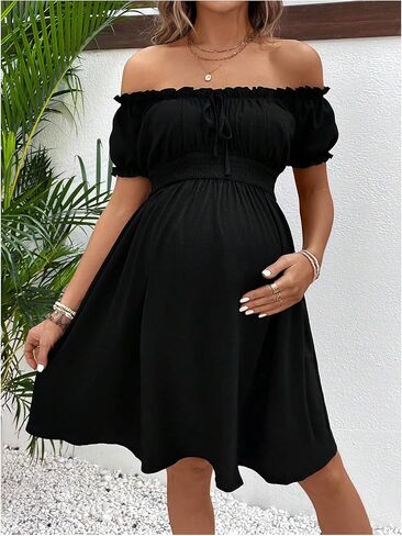 MakeMeChic Women's Maternity Dress Off Shoulder High Waist Shirred Frill Trim Short Sleeve Summer Pregnancy Mini Dress in Saudi Arabia