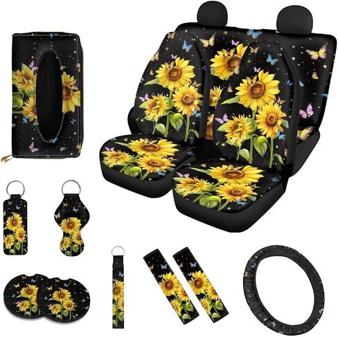 13 Pack Sunflower Butterfly Print Car Accessories Set, Car Seat Covers Full Set Steering Wheel Cover Wristlet Lanyard Keychain Car Holders for Car SUV Interior Decor in Saudi Arabia