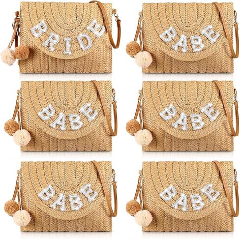 6 قطع من حقيبة العروسة المصنوعة من القش لحفلات الزفاف والعروس، حقيبة يد من حجر الراين لعطلة نهاية الأسبوع للنساء على الشاطئ وشهر العسل وعطلة الزفاف وهدية للحفلات in Kuwait