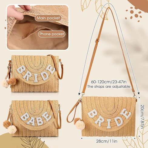 6 قطع من حقيبة العروسة المصنوعة من القش لحفلات الزفاف والعروس، حقيبة يد من حجر الراين لعطلة نهاية الأسبوع للنساء على الشاطئ وشهر العسل وعطلة الزفاف وهدية للحفلات in Kuwait