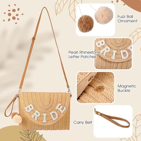 6 قطع من حقيبة العروسة المصنوعة من القش لحفلات الزفاف والعروس، حقيبة يد من حجر الراين لعطلة نهاية الأسبوع للنساء على الشاطئ وشهر العسل وعطلة الزفاف وهدية للحفلات in Kuwait