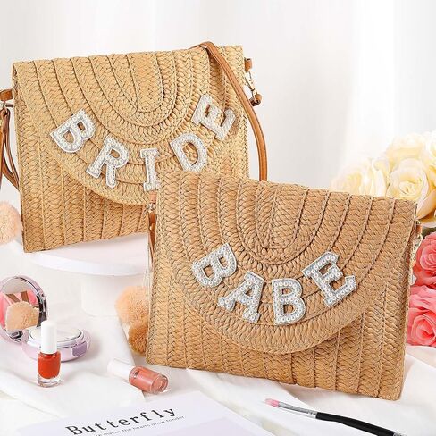 6 قطع من حقيبة العروسة المصنوعة من القش لحفلات الزفاف والعروس، حقيبة يد من حجر الراين لعطلة نهاية الأسبوع للنساء على الشاطئ وشهر العسل وعطلة الزفاف وهدية للحفلات in Kuwait