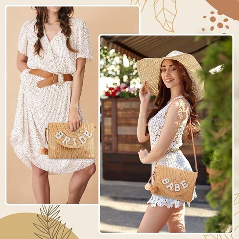 6 قطع من حقيبة العروسة المصنوعة من القش لحفلات الزفاف والعروس، حقيبة يد من حجر الراين لعطلة نهاية الأسبوع للنساء على الشاطئ وشهر العسل وعطلة الزفاف وهدية للحفلات in Kuwait