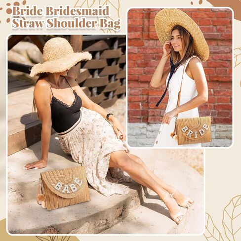 6 قطع من حقيبة العروسة المصنوعة من القش لحفلات الزفاف والعروس، حقيبة يد من حجر الراين لعطلة نهاية الأسبوع للنساء على الشاطئ وشهر العسل وعطلة الزفاف وهدية للحفلات in Kuwait