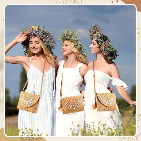 6 قطع من حقيبة العروسة المصنوعة من القش لحفلات الزفاف والعروس، حقيبة يد من حجر الراين لعطلة نهاية الأسبوع للنساء على الشاطئ وشهر العسل وعطلة الزفاف وهدية للحفلات in Kuwait