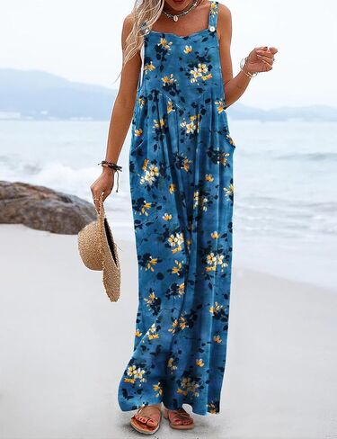 YESNO ملابس صيفية غير رسمية فضفاضة للنساء واسعة الساق حللا بوهو مطبوعة بالورود فضفاضة مع جيوب S PZH CR428 in Kuwait