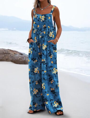 YESNO ملابس صيفية غير رسمية فضفاضة للنساء واسعة الساق حللا بوهو مطبوعة بالورود فضفاضة مع جيوب S PZH CR428 in Kuwait