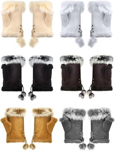 SATINIOR 6 Pairs Women Faux Rabbit Fur Gloves Fingerless Winter Gloves Mittens Warm Gloves Stretchy Hand Wrist Warmers in Saudi Arabia