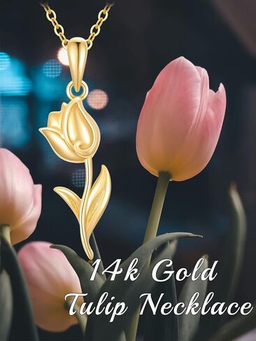 Gold Necklace for Women Real 14K Gold Tulip Necklace/Rose Necklace Flower Pendant Necklace Anniversary Birthday Christmas Gifts For Women Her Wife in Saudi Arabia