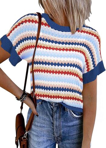 EVALESS Casual Short Sleeve Sweaters for Women Summer Crewneck Color Block Sweater Tops Lightweight Pullover Top Knit Shirts in Saudi Arabia