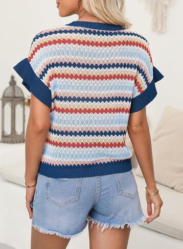 EVALESS Casual Short Sleeve Sweaters for Women Summer Crewneck Color Block Sweater Tops Lightweight Pullover Top Knit Shirts in Saudi Arabia
