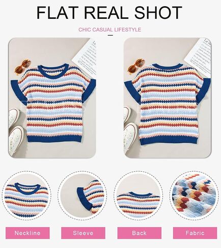 EVALESS Casual Short Sleeve Sweaters for Women Summer Crewneck Color Block Sweater Tops Lightweight Pullover Top Knit Shirts in Saudi Arabia