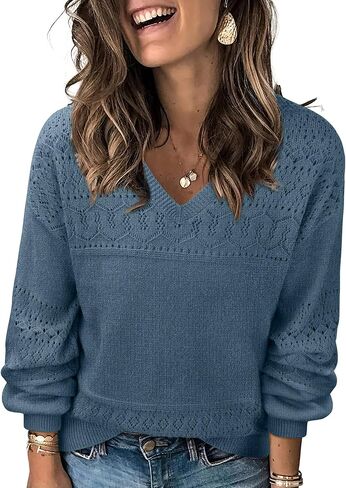 Messic Womens Pullover Sweaters 2024 Casual Long Sleeve V Neck Lightweight Loose Knit Tops in Saudi Arabia