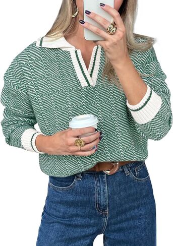 Saodimallsu Womens Fall Sweaters Tops Lapel V Neck Knit Sweater Color Block Long Sleeve Casual Soft Pullover Shirt in Kuwait