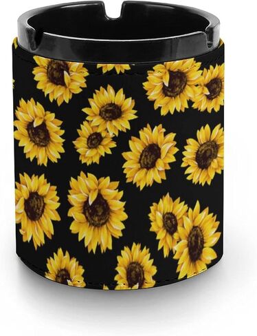 Oil Painting Sunflower Flowers Pattern With Black Leather Ashtray Cigarette Ash Tray for Home Office Car Decorative, white-style-1, One size in Kuwait