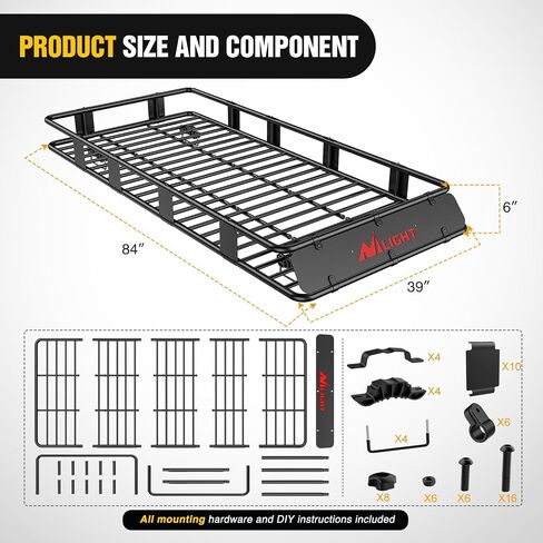 Nilight 84" x 39" x 6" Universal Roof Rack Cargo Basket Heavy-Duty 250LBS Capacity Rooftop Cargo Carrier Luggage Holder for SUV Truck Vehicle,2 Years Warranty in Saudi Arabia