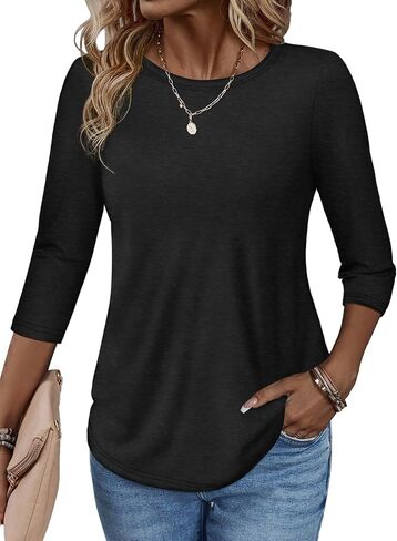 ATHMILE Women's Casual 3/4 Sleeve T-Shirts Round Neck Cute Tunic Summer Tops Basic Tees Fall Blouses Loose Fit Pullover in Kuwait