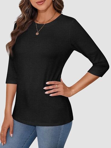 ATHMILE Women's Casual 3/4 Sleeve T-Shirts Round Neck Cute Tunic Summer Tops Basic Tees Fall Blouses Loose Fit Pullover in Kuwait