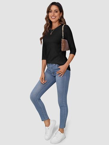 ATHMILE Women's Casual 3/4 Sleeve T-Shirts Round Neck Cute Tunic Summer Tops Basic Tees Fall Blouses Loose Fit Pullover in Kuwait