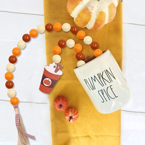 Huray Rayho اليقطين التوابل الخشب الخرزة إكليل ديكورات المزرعة الخريف الخرز الخشبي الريفي موسم الخريف ديكور صينية متدرجة مع شرابات بنية منقوشة زخارف اليقطين التوابل لاتيه in Kuwait