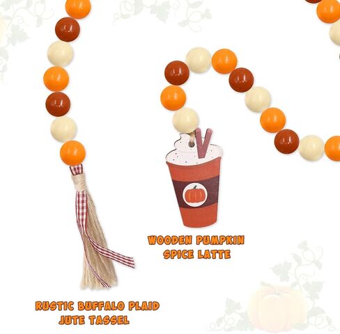 Huray Rayho اليقطين التوابل الخشب الخرزة إكليل ديكورات المزرعة الخريف الخرز الخشبي الريفي موسم الخريف ديكور صينية متدرجة مع شرابات بنية منقوشة زخارف اليقطين التوابل لاتيه in Kuwait