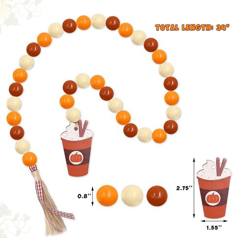 Huray Rayho اليقطين التوابل الخشب الخرزة إكليل ديكورات المزرعة الخريف الخرز الخشبي الريفي موسم الخريف ديكور صينية متدرجة مع شرابات بنية منقوشة زخارف اليقطين التوابل لاتيه in Kuwait