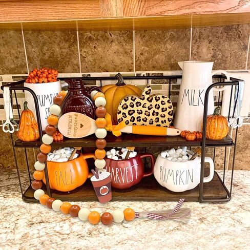 Huray Rayho اليقطين التوابل الخشب الخرزة إكليل ديكورات المزرعة الخريف الخرز الخشبي الريفي موسم الخريف ديكور صينية متدرجة مع شرابات بنية منقوشة زخارف اليقطين التوابل لاتيه in Kuwait